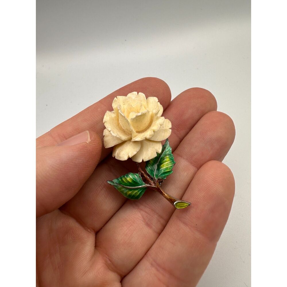 Vintage Carved Bone Rose Silver and Enamel Brooch - Picture 6 of 13